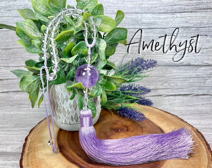Amethyst and Clear Quartz Hand Mala, Hand Tied, Amethyst Pocket Mala, Amethyst Travel Mala,  Prayer/Meditation Beads