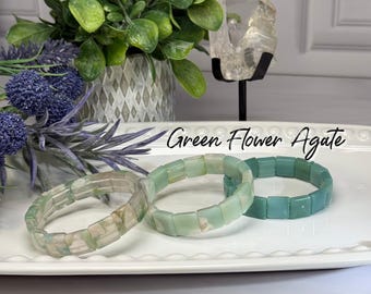 Green Flower Agate Bracelet, Flower Agate Soft Bangle Bracelet, Square Bead, Natural Color, Elastic & Stretchy