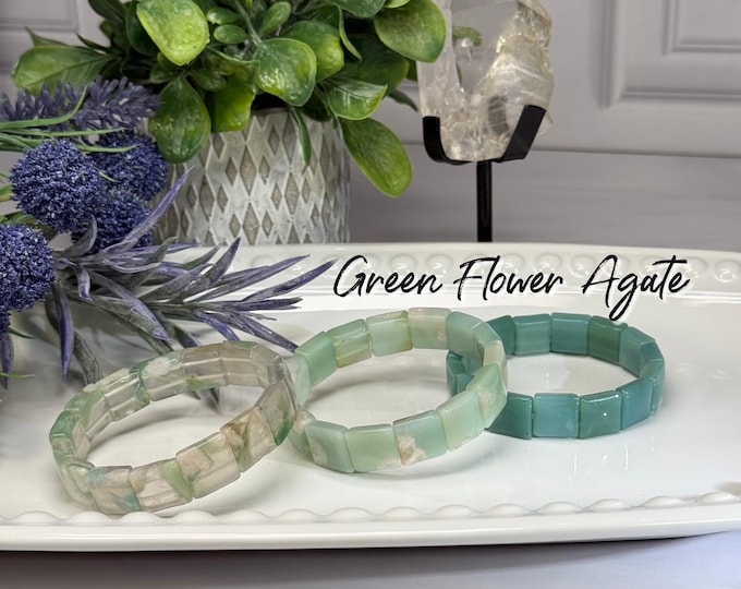 Green Flower Agate Bracelet, Flower Agate Soft Bangle Bracelet, Square Bead, Natural Color, Elastic & Stretchy