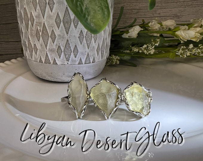 Natural Libyan Desert Glass Ring, Raw Stone Libyan Desert Glass Ring, Tektite Ring, 925 Silver Adjustable Ring Setting