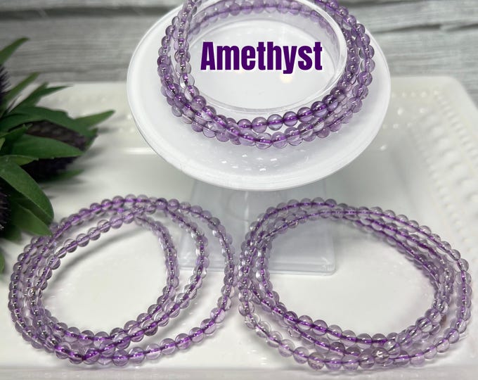 Amethyst Wrap Bracelet or 21" Necklace, Beautiful Clear Purple Crystal, Elastic String, Round Beads 4-5mm