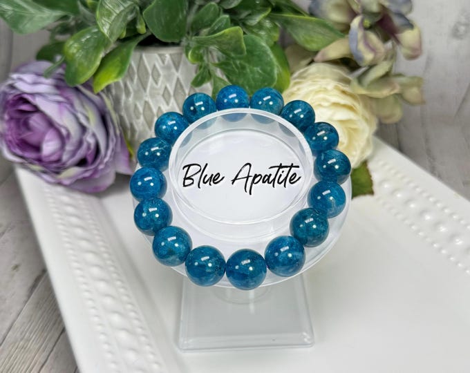 Beautiful Blue Apatite Bracelet, Blue Apatite Crystal, 13mm Round Beads, Clarity - Spiritual Guidance - Self Expression