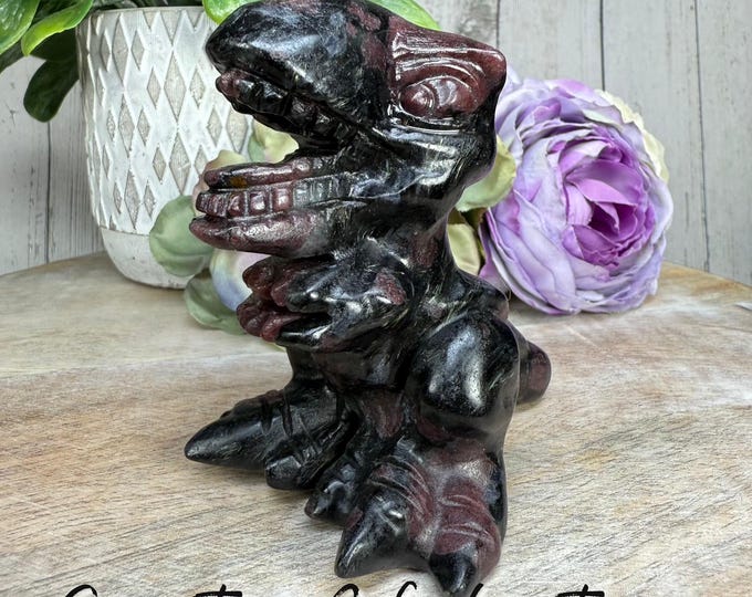 Garnet in Arfvedsonite Dinosaur Carving, Polished Garnet in Arfvedsonite Dino Carving, Garnet Dinosaur Carving
