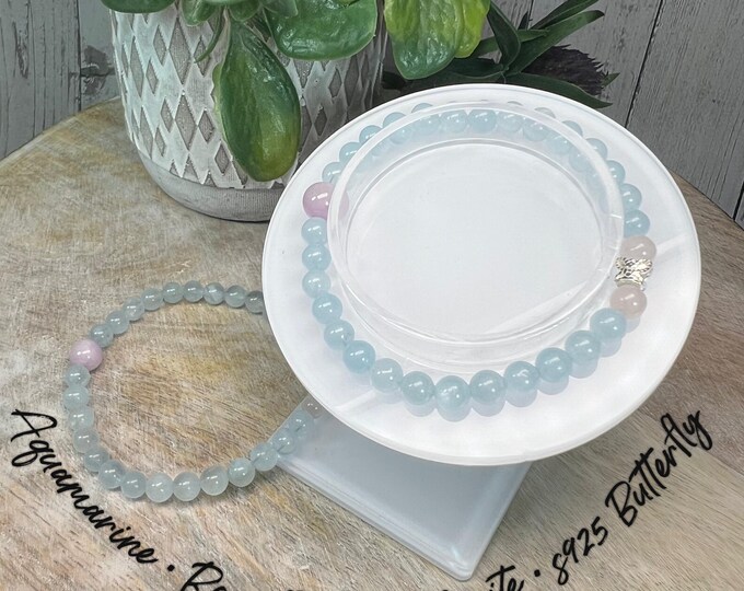 Aquamarine Bracelet with Rose Quartz and Kunzite Accent Beads, s925 Butterfly Bead, 6mm Round Beads, Protective & Calming