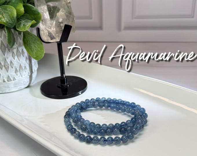 Devil Aquamarine Wrap Bracelet or 22" Necklace, Aquamarine with Biotite, Elastic String, 6mm Round Beads