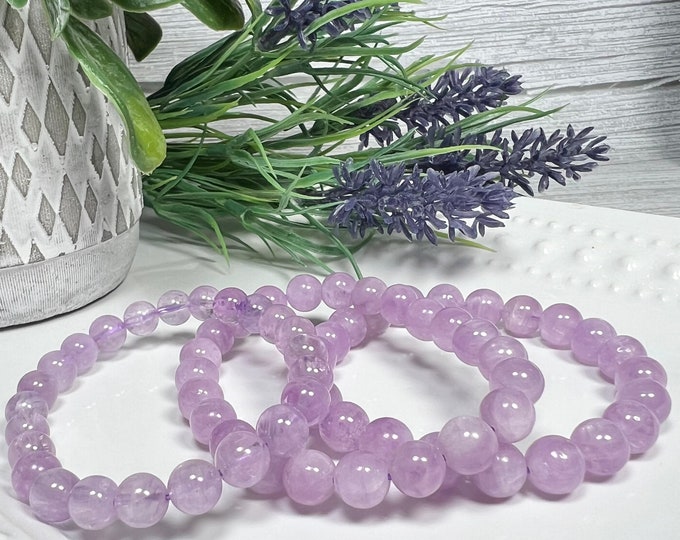 Kunzite Bracelet, Purple Kunzite Crystal, Cat Eye Kunzite Bracelet, 7-8mm and 8-9mm Round Beads