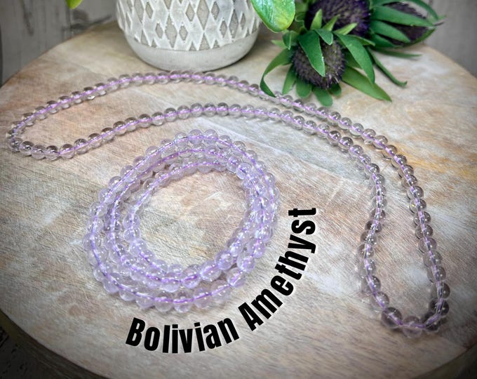 Bolivian Amethyst Wrap Bracelet or 21" Necklace, Beautiful Clear Purple Crystal, Elastic String, Round Beads 6-7mm