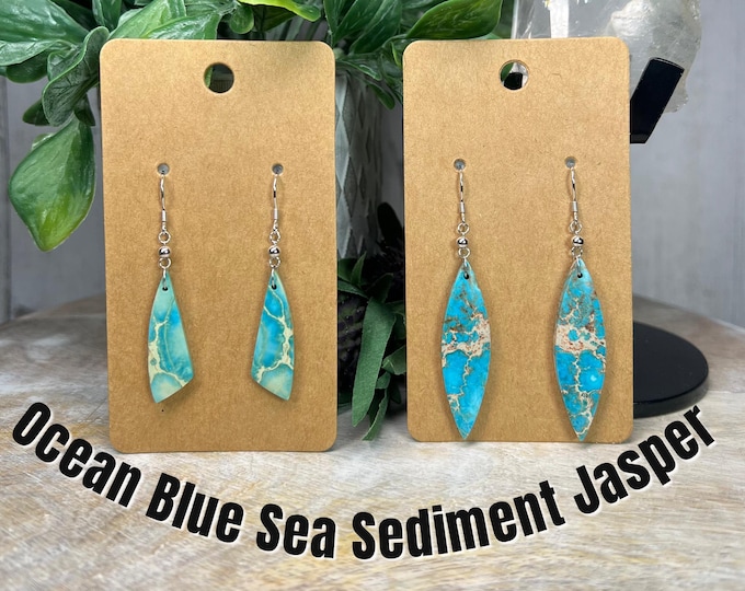 Ocean Blue Sea Sediment Jasper Earrings, Polished Sea Sediment Dangle Earrings, 925 Silver Earring Setting