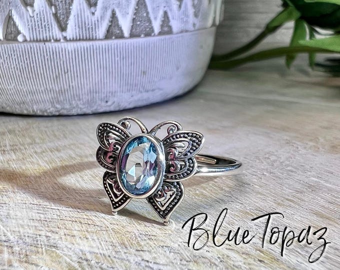 Blue Topaz Butterfly Ring, Topaz Crystal Ring, Crystal Butterfly Ring, The Stone of Healing and Good Luck
