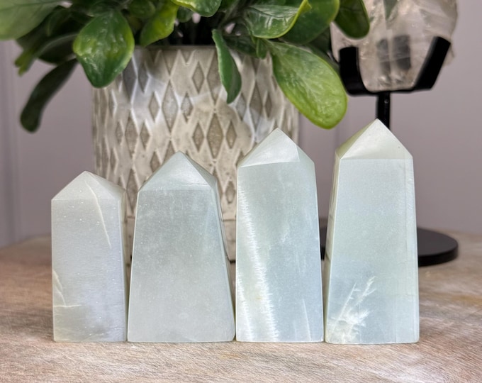 Silvery Green Moonstone Tower, Small Moonstone Tower, Heart Chakra, Emotional Balance and Compassion