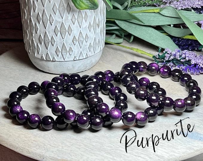 Gorgeous Purpurite Bracelet, Round Bead, 11mm, Flashy Purple Purpurite, Genuine Purpurite, Stone of Psychic Protection