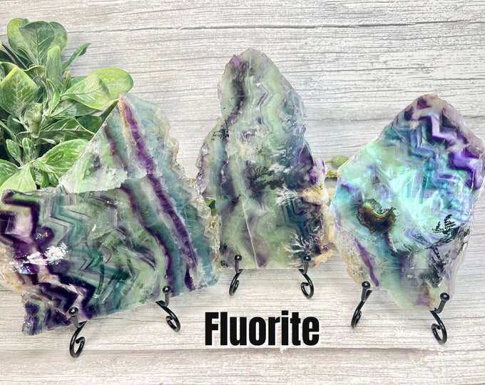 Beautiful Fluorite Slab, Dendritic Fluorite Slab, Feather Fluorite Slab, Rainbow Inclusions, Metal Stand Included