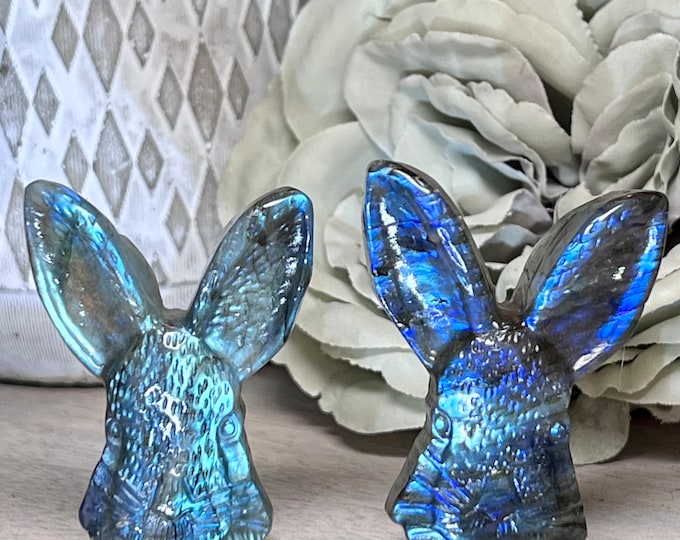 Labradorite Rabbit Carving, Crystal Rabbit Carving, Blue Flash Labradorite Carving