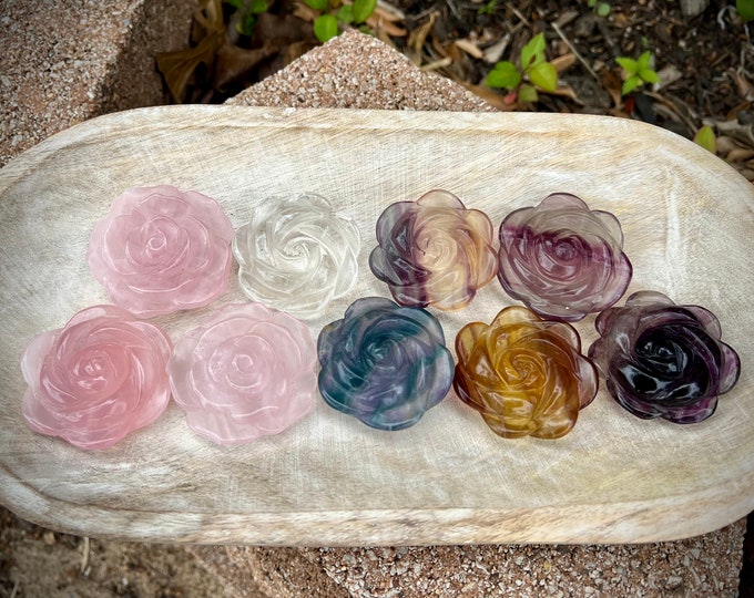Rose Quartz Rose Carving, Clear Quartz Rose Carving, Fluorite Rose Carving, Crystal Flower Carving, Crystal Rose Carving