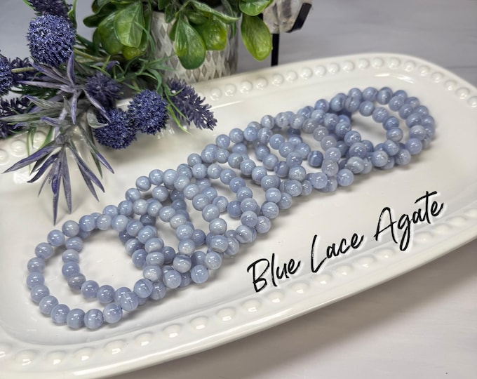 Blue Lace Agate Bracelet, 9-10mm or 10-11mm Round Beads, Stone of Gentle Expression