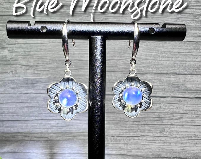 Blue Moonstone Earrings, 925 Sterling Silver Plum Blossom Earring Settings with Blue Moonstone, Flashy Moonstone Earrings
