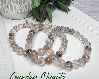 Garden Quartz Bracelet, Inclusion Quartz, Lodolite, 8-9mm Round Beads, Quartz Crystal Bracelet