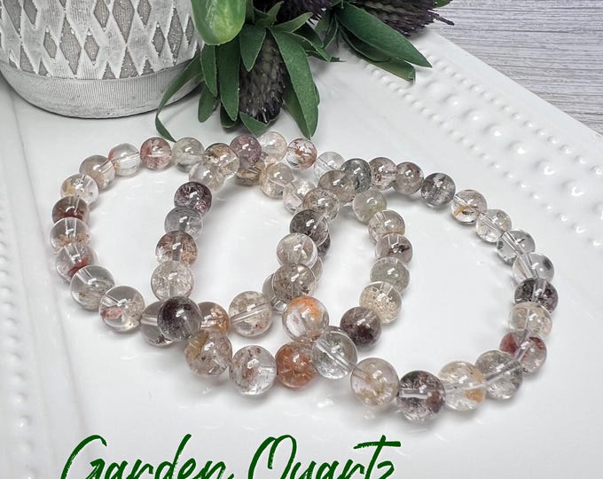 Garden Quartz Bracelet, Inclusion Quartz, Lodolite, 8-9mm Round Beads, Quartz Crystal Bracelet