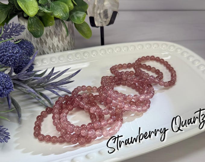 Strawberry Quartz Bracelet, Glitter Flash, 7-8mm Round Beads Elastic and Stretchy!
