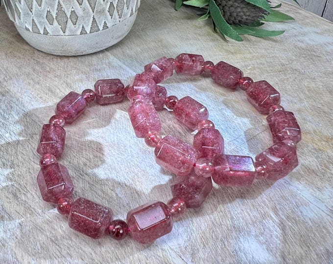 Strawberry Quartz Bracelet, Strawberry Quartz Barrel Bead Crystal Bracelet, Stretchy Bracelet