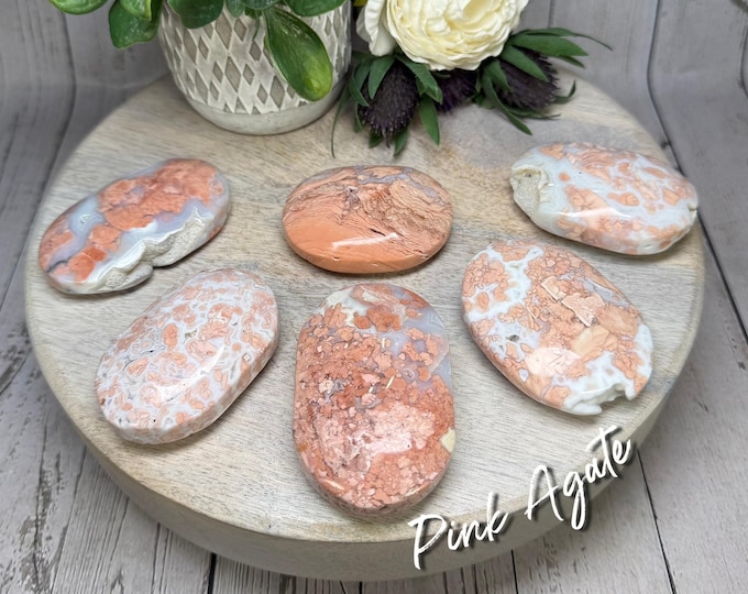 Druzy Pink Agate Palm Stone, Cotton Candy Pink Agate