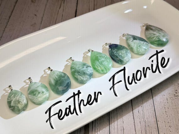 Feather Fluorite Pendant, Various Sizes, s925 Clasp, Stone of Lightness and Release