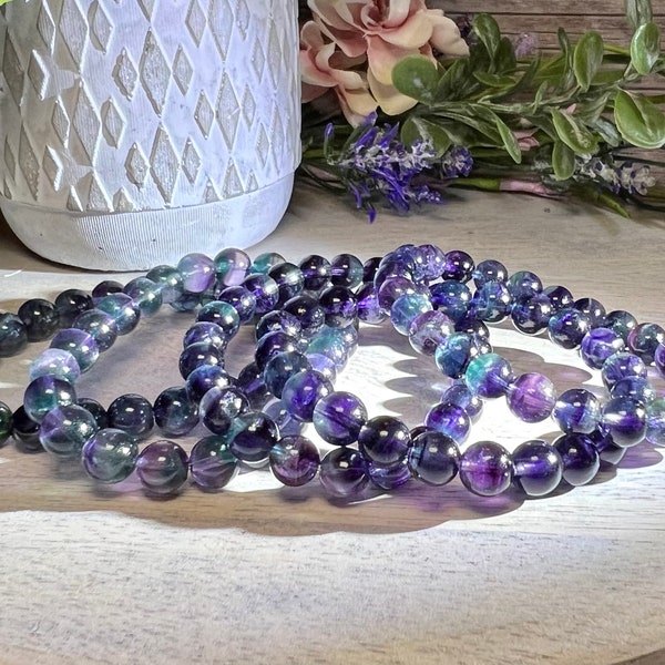 Purple Blue Fluorite Bracelet, Fluorite Bracelet, Round Bead, 7-8mm, 8mm