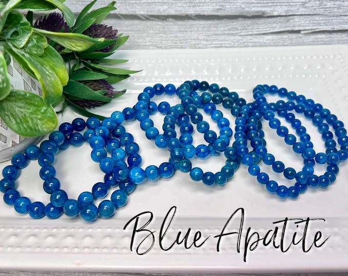 Blue Apatite Bracelet, Blue Apatite, 6-7mm, 7-8mm, 8-9mm, 9-10mm, Manifestation Stone