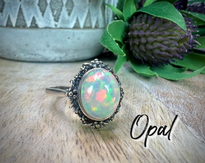Beautiful Flashy White Opal Ring, Opal with Fire, Beautiful Flashy Colors, 925 Silver Flower Ring Setting and Adjustable Band