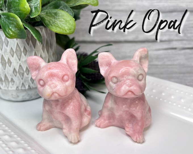 Pink Opal French Bulldog Carving, Pink Opal Frenchie, Crystal French Bulldog Carving