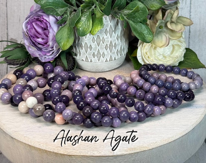 Purple & White Alashan Agate Bracelet, Alxa Agate, 9-12mm Round Beads, Calming and Grounding, Positive Energy