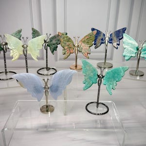 Small Crystal Butterfly Wings on Metal Stand - Blue Lace Agate, Amazonite, Ruby Fuchsite, Afghan Jade, Unakite, Sodalite - Set #5