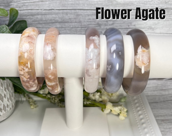 Flower Agate Bangle Bracelet, Cherry Blossom Agate Bracelet, Sakura Flower Agate Crystal Bangle Bracelet