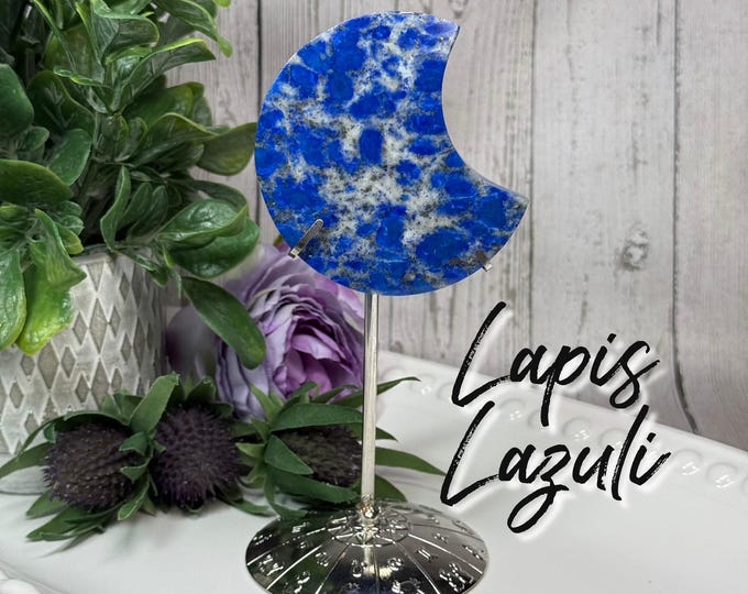 Lapis Lazuli with Pyrite Moon on Metal Stand, Lapis Lazuli Crystal Carving, "Wisdom Keeper" Stone, Third Eye Chakra