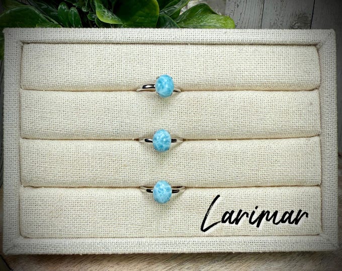 Larimar Ring, Larimar Crystal Ring, Dominican Republic Larimar Gemstone, 925 Silver Adjustable Band (Set#3)
