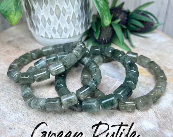 Green Rutilated Quartz, Green Rutile in Quartz, 9-10mm Cylinder Bead Bracelet