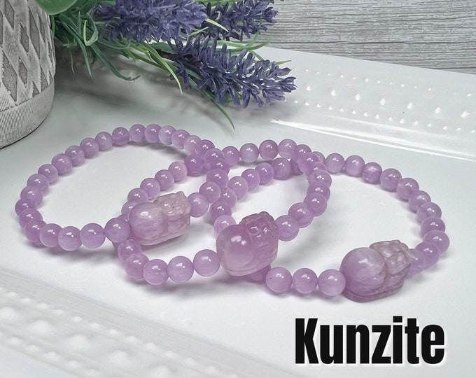 Kunzite Bracelet, Purple Kunzite Pixiu Crystal, Cat Eye Kunzite Bracelet, Pixiu Dragon Carving Bead, 6-7mm Round Beads