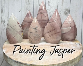 Painting Jasper Carving, Pink and Purple Painting Jasper Freeform Flame, Picture Jasper, Landscape Jasper, Scenic Jasper