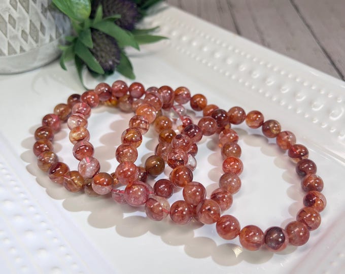 Fire Quartz Bracelet, Fire Quartz Crystal Bracelet, Rainbow Inclusions, 9-10mm Round Beads, The Stone of Control
