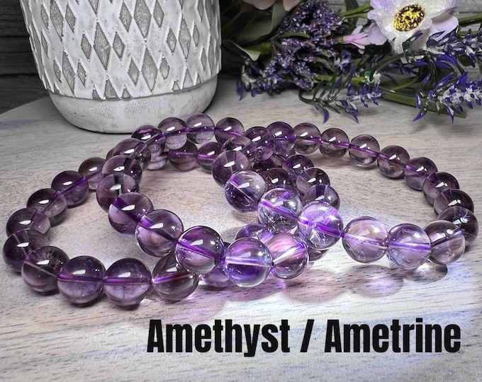 Amethyst Ametrine Bracelet, 10-11mm Round Bead, Clear Purple Amethyst Quartz Crystal Bracelet, Amethyst Gemstone Bracelet, Healing Crystals