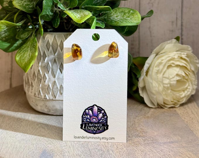 Citrine Freeform Stud Earrings, 925 Silver Posts with Gold Color Coating, Rubber Backs