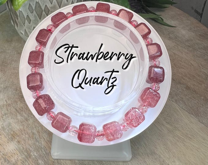 Strawberry Quartz Cube Bracelet, Strawberry Quartz Crystal Bracelet, Stretchy Bracelet, 8mm Cube Beads