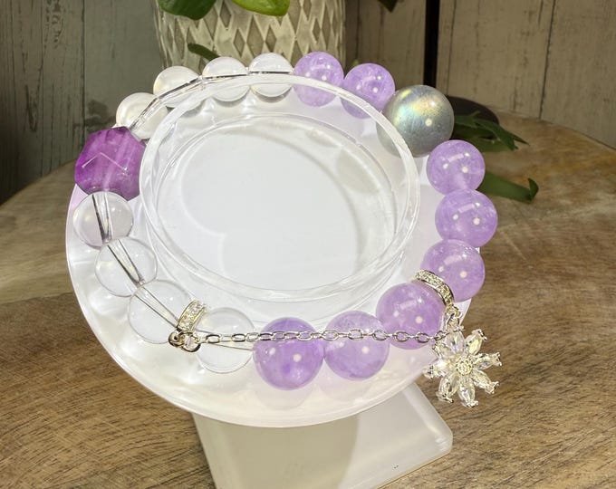 Lavender Amethyst + Labradorite + Purple Fluorite + Clear Quartz Crystal Bracelet, DIY Crystal Bracelet, Flower Accent Chain Charm (LLB30)