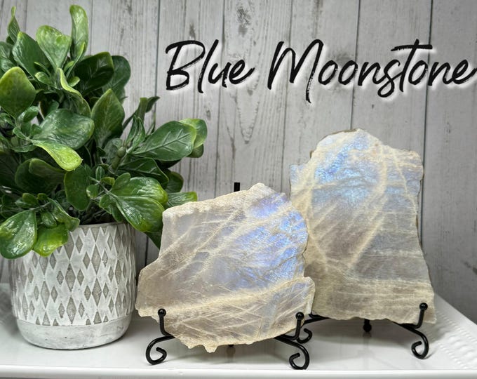 Blue Moonstone Slab with Stand, Moonstone Slab, Blue Flash Moonstone, Flashy Blue Moonstone