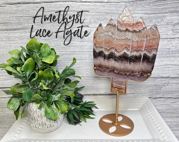 Amethyst Crazy Lace Agate Feather Fan Carving on Custome Metal Stand, Crystal Yu Fan Carving, Crazy Lace Amethyst Crystal Fan Carving