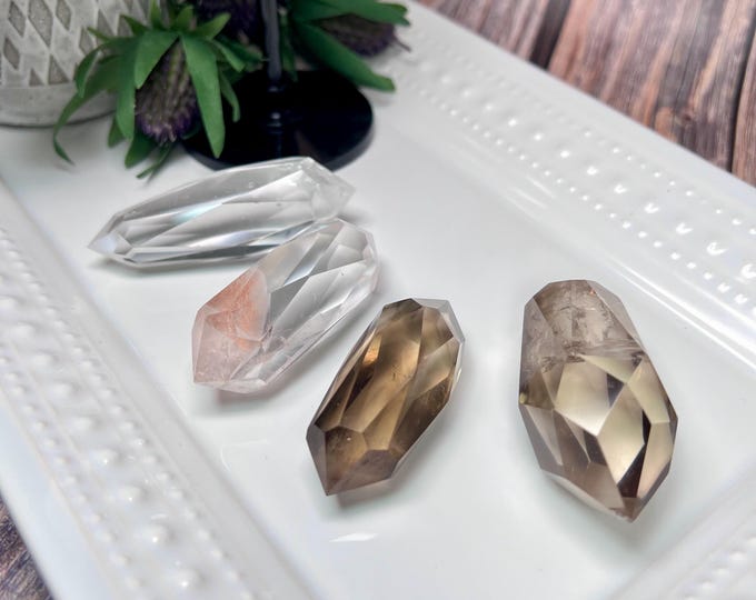 Clear Quartz Multi-Facet DT, Double Terminated Clear Quartz, Smoky Quartz Multi-Facet DT, Double Terminated Smoky Quartz