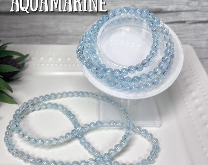 Aquamarine Wrap Bracelet or 21" Necklace, Beautiful Blue Crystal, Elastic String, Round Beads 5-6mm