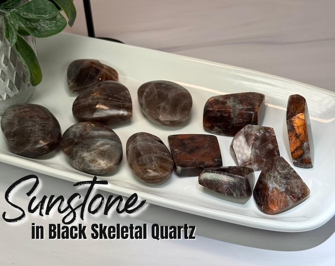 Sunstone in Black Skeletal Quartz Freeform or Palm Stone, Sunstone and Skeletal Quartz
