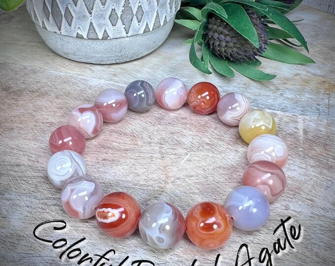 Colorful Banded Agate Bracelet, Agate Bracelet, 13mm Round Beads, Agate Crystal Bracelet