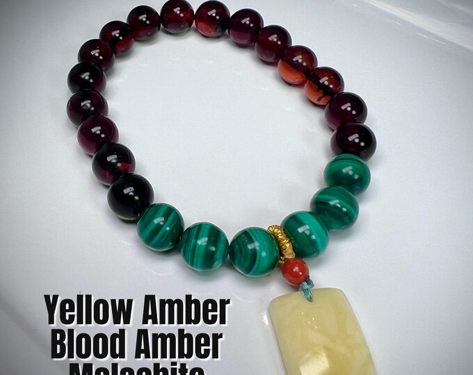 Beautiful Red Amber and Malachite Bracelet, Natural Blood Amber Bracelet with Malachite, Yellow Amber Charm Bracelet, 8mm Round Beads